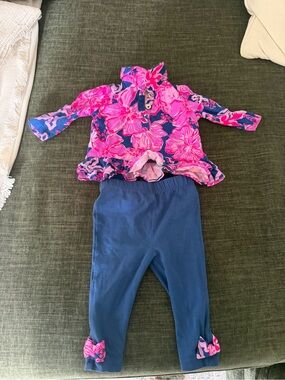 Lilly Pulitzer Pink Floral Top with Navy Leggings